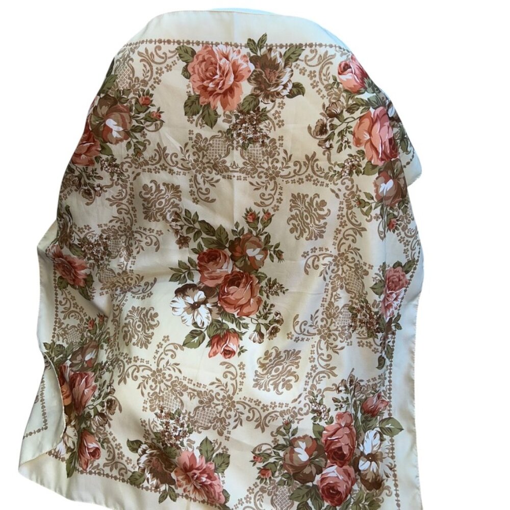 Vintage ITALY cabbage rose shabby chic cream apricot green handrolled sewn scarf